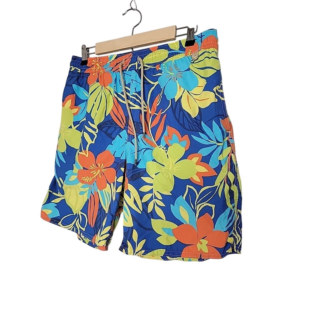 Polo Ralph Lauren Mens Swim Trunks‎ Shorts Hawaiian Floral L Large Blue Neon EUC - Picture 2 of 9